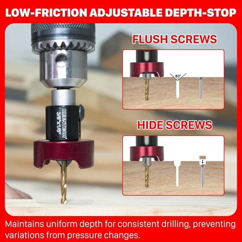 KEENTECH Carbide Tipped 82° Countersink Drill Bit with Depth Stop, 3/8" Dia x 1/8" Drill Diameter x 1/4" Shank, Adjustable Depth Stop with Ball Bearing for High Fine Finish on Softwood and Hardwood - Image 4
